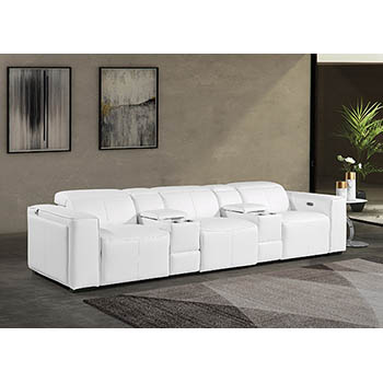 DivanItalia - Global United Furniture 1224, 5-Piece Top Grain Genuine Italian Leather Sofa with Triple Power Reclining, Power Headrests and Consoles in White color.