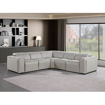 DivanItalia - Global United Furniture 1224, 5-Piece Top Grain Genuine Italian Leather Sectional with 3 Power Reclining, Power Headrests in Light Grey color.