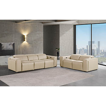 DivanItalia - Global United Furniture 1224, 5-Piece Top Grain Genuine Italian Leather Sofa & Loveseat Set with 4 Power Reclining, Power Headrests in Beige color.