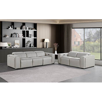 DivanItalia - Global United Furniture 1224, 5-Piece Top Grain Genuine Italian Leather Sofa & Loveseat Set with 4 Power Reclining, Power Headrests in Light Grey color.