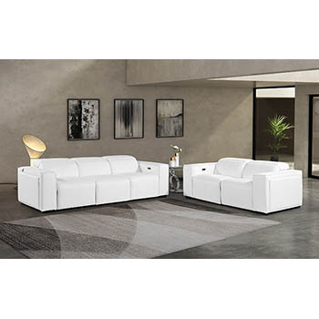 DivanItalia - Global United Furniture 1224, 5-Piece Top Grain Genuine Italian Leather Sofa & Loveseat Set with 4 Power Reclining, Power Headrests in White color.