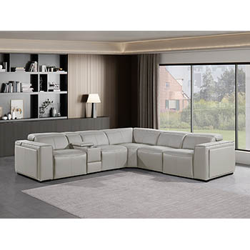DivanItalia - Global United Furniture 1224, 6-Piece Top Grain Genuine Italian Leather Sectional with 3 Power Reclining, Power Headrests and Console in Light Grey color.