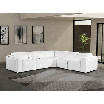 DivanItalia - Global United Furniture 1224, 6-Piece Top Grain Genuine Italian Leather Sectional with 3 Power Reclining, Power Headrests and Console in White color.