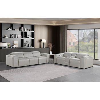 DivanItalia - Global United Furniture 1224, 6-Piece Top Grain Genuine Italian Leather Sofa & Loveseat Set with 5 Power Reclining, Power Headrests and Console in Light Grey color.