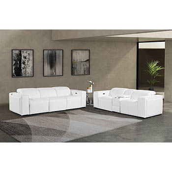 DivanItalia - Global United Furniture 1224, 6-Piece Top Grain Genuine Italian Leather Sofa & Loveseat Set with 5 Power Reclining, Power Headrests and Console in White color.