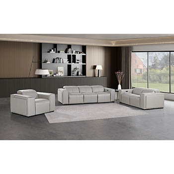 DivanItalia - Global United Furniture 1224, 6-Piece Top Grain Genuine Italian Leather Sofa, Loveseat & Chair Set with 5 Power Reclining, Power Headrests in Light Grey color.
