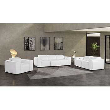 DivanItalia - Global United Furniture 1224, 6-Piece Top Grain Genuine Italian Leather Sofa, Loveseat & Chair Set with 5 Power Reclining, Power Headrests in White color.