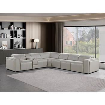 DivanItalia - Global United Furniture 1224, 7-Piece Top Grain Genuine Italian Leather Sectional with 4 Power Reclining, Power Headrests and Console in Light Grey color.