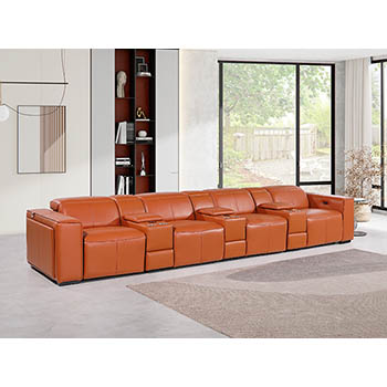 DivanItalia - Global United Furniture 1224, 7-Piece Top Grain Genuine Italian Leather Sofa with 4 Power Reclining, Power Headrests and Console in Camel color.
