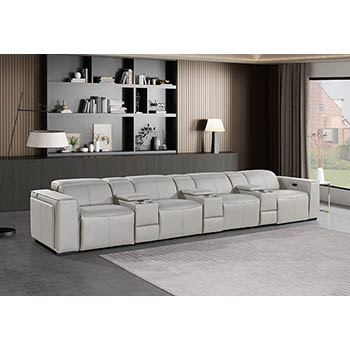DivanItalia - Global United Furniture 1224, 7-Piece Top Grain Genuine Italian Leather Sofa with 4 Power Reclining, Power Headrests and Console in Light Grey color.