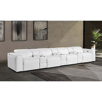DivanItalia - Global United Furniture 1224, 7-Piece Top Grain Genuine Italian Leather Sofa with 4 Power Reclining, Power Headrests and Console in White color.