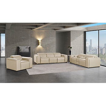 DivanItalia - Global United Furniture 1224, 7-Piece Top Grain Genuine Italian Leather Sofa, Loveseat & Chair Set with 5 Power Reclining, Power Headrests and Console in Beige color.