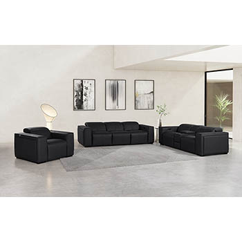 DivanItalia - Global United Furniture 1224, 7-Piece Top Grain Genuine Italian Leather Sofa, Loveseat & Chair Set with 5 Power Reclining, Power Headrests and Console in Black color.