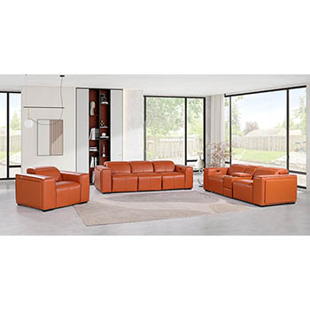 DivanItalia - Global United Furniture 1224, 7-Piece Top Grain Genuine Italian Leather Sofa, Loveseat & Chair Set with 5 Power Reclining, Power Headrests and Console in Camel color.