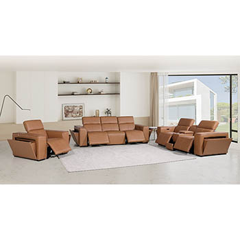 DivanItalia - Global United Furniture 1224, 7-Piece Top Grain Genuine Italian Leather Sofa, Loveseat & Chair Set with 5 Power Reclining, Power Headrests and Console in Cognac color.