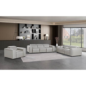 DivanItalia - Global United Furniture 1224, 7-Piece Top Grain Genuine Italian Leather Sofa, Loveseat & Chair Set with 5 Power Reclining, Power Headrests and Console in Light Grey color.