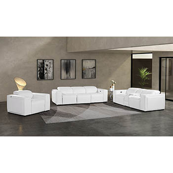 DivanItalia - Global United Furniture 1224, 7-Piece Top Grain Genuine Italian Leather Sofa, Loveseat & Chair Set with 5 Power Reclining, Power Headrests and Console in White color.