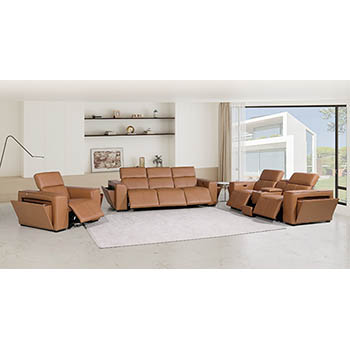 DivanItalia - Global United Furniture 1224, 7-Piece Top Grain Genuine Italian Leather Sofa, Loveseat & Chair Set with 6 Power Reclining, Power Headrests and Console in Cognac color.