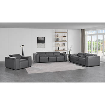 DivanItalia - Global United Furniture 1224, 7-Piece Top Grain Genuine Italian Leather Sofa, Loveseat & Chair Set with 6 Power Reclining, Power Headrests and Console in Dark Grey color.