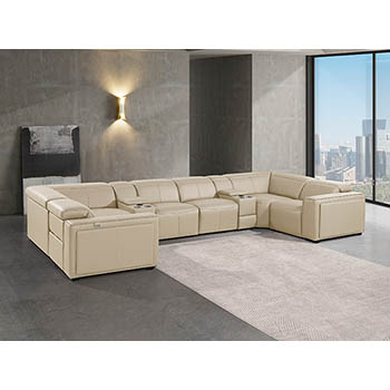 DivanItalia - Global United Furniture 1224, 8-Piece Top Grain Genuine Italian Leather Sectional with 2 Power Reclining, Power Headrests and 2 Consoles in Beige color.