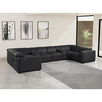 DivanItalia - Global United Furniture 1224, 8-Piece Top Grain Genuine Italian Leather Sectional with 2 Power Reclining, Power Headrests and 2 Consoles in Black color.