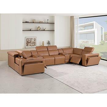 DivanItalia - Global United Furniture 1224, 8-Piece Top Grain Genuine Italian Leather Sectional with 2 Power Reclining, Power Headrests and 2 Consoles in Cognac color.
