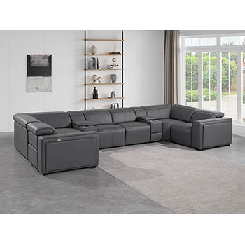 DivanItalia - Global United Furniture 1224, 8-Piece Top Grain Genuine Italian Leather Sectional with 2 Power Reclining, Power Headrests and 2 Consoles in Dark Grey color.
