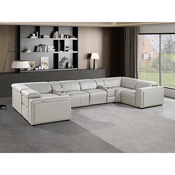 DivanItalia - Global United Furniture 1224, 8-Piece Top Grain Genuine Italian Leather Sectional with 2 Power Reclining, Power Headrests and 2 Consoles in Light Grey color.