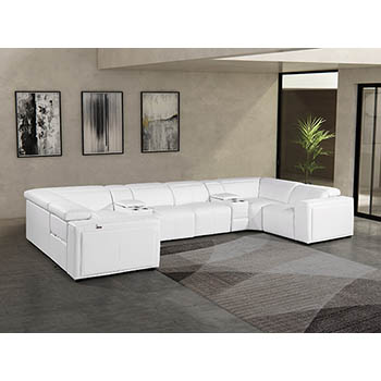 DivanItalia - Global United Furniture 1224, 8-Piece Top Grain Genuine Italian Leather Sectional with 2 Power Reclining, Power Headrests and 2 Consoles in White color.
