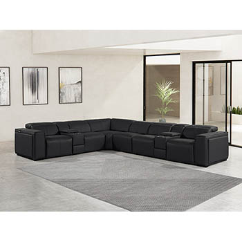 DivanItalia - Global United Furniture 1224, 8-Piece Top Grain Genuine Italian Leather Sectional with 3 Power Reclining, Power Headrests and 2 Consoles in Black color.