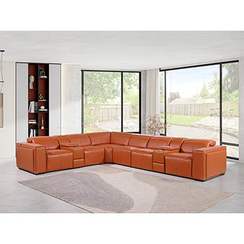 DivanItalia - Global United Furniture 1224, 8-Piece Top Grain Genuine Italian Leather Sectional with 3 Power Reclining, Power Headrests and 2 Consoles in Camel color.