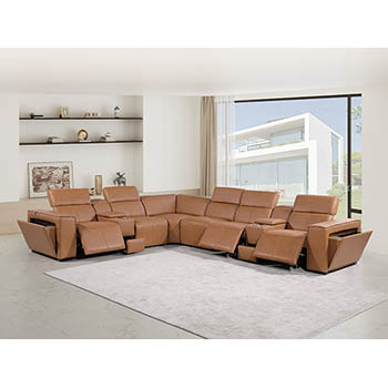 DivanItalia - Global United Furniture 1224, 8-Piece Top Grain Genuine Italian Leather Sectional with 3 Power Reclining, Power Headrests and 2 Consoles in Cognac color.