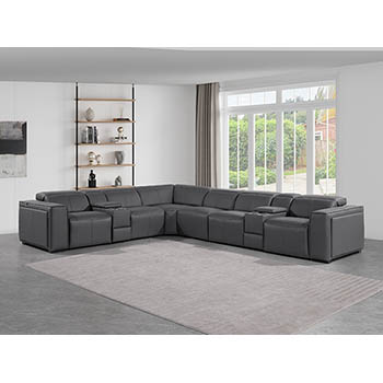 DivanItalia - Global United Furniture 1224, 8-Piece Top Grain Genuine Italian Leather Sectional with 3 Power Reclining, Power Headrests and 2 Consoles in Dark Grey color.