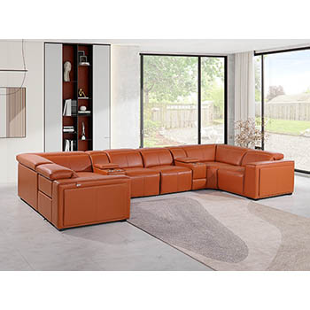DivanItalia - Global United Furniture 1224, 8-Piece Top Grain Genuine Italian Leather Sectional with 4 Power Reclining, Power Headrests and 2 Consoles in Camel color.