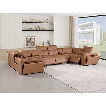 DivanItalia - Global United Furniture 1224, 8-Piece Top Grain Genuine Italian Leather Sectional with 4 Power Reclining, Power Headrests and 2 Consoles in Cognac color.