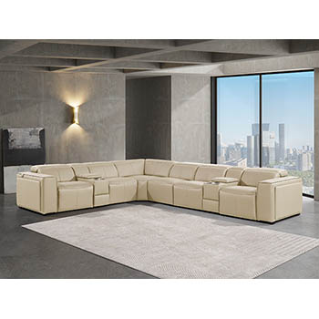 DivanItalia - Global United Furniture 1224, 8-Piece Top Grain Genuine Italian Leather Sectional with 4 Power Reclining, Power Headrests and 2 Consoles in Beige color.