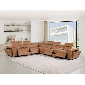 DivanItalia - Global United Furniture 1224, 8-Piece Top Grain Genuine Italian Leather Sectional with 4 Power Reclining, Power Headrests and 2 Consoles in Cognac color.
