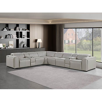 DivanItalia - Global United Furniture 1224, 8-Piece Top Grain Genuine Italian Leather Sectional with 4 Power Reclining, Power Headrests and 2 Consoles in Light Grey color.