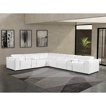 DivanItalia - Global United Furniture 1224, 8-Piece Top Grain Genuine Italian Leather Sectional with 4 Power Reclining, Power Headrests and 2 Consoles in White color.