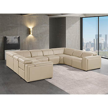 DivanItalia - Global United Furniture 1224, 8-Piece Top Grain Genuine Italian Leather Sectional with 4 Power Reclining, Power Headrests in Beige color.
