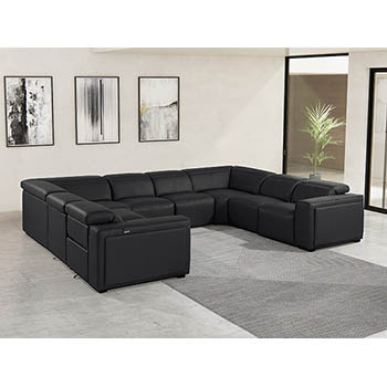 DivanItalia - Global United Furniture 1224, 8-Piece Top Grain Genuine Italian Leather Sectional with 4 Power Reclining, Power Headrests in Black color.