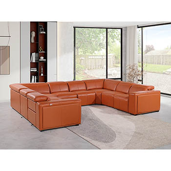 DivanItalia - Global United Furniture 1224, 8-Piece Top Grain Genuine Italian Leather Sectional with 4 Power Reclining, Power Headrests in Camel color.