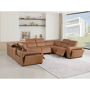 DivanItalia - Global United Furniture 1224, 8-Piece Top Grain Genuine Italian Leather Sectional with 4 Power Reclining, Power Headrests in Cognac color.