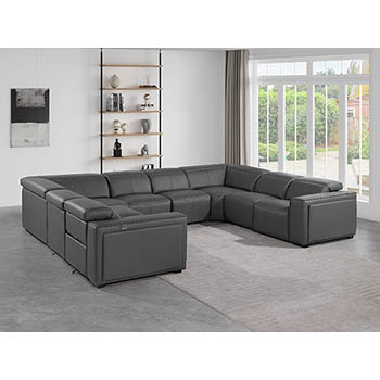 DivanItalia - Global United Furniture 1224, 8-Piece Top Grain Genuine Italian Leather Sectional with 4 Power Reclining, Power Headrests in Dark Grey color.