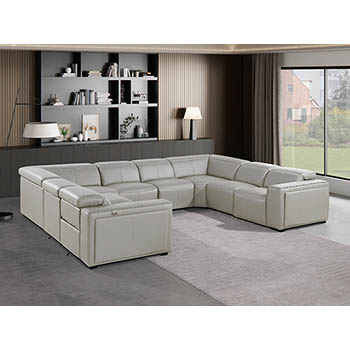 DivanItalia - Global United Furniture 1224, 8-Piece Top Grain Genuine Italian Leather Sectional with 4 Power Reclining, Power Headrests in Light Grey color.