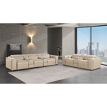 DivanItalia - Global United Furniture 1224, 8-Piece Top Grain Genuine Italian Leather Sofa & Loveseat Set with 5 Power Reclining, Power Headrests and Consoles in Beige color.
