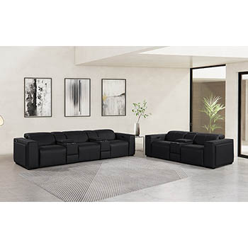 DivanItalia - Global United Furniture 1224, 8-Piece Top Grain Genuine Italian Leather Sofa & Loveseat Set with 5 Power Reclining, Power Headrests and Consoles in Black color.