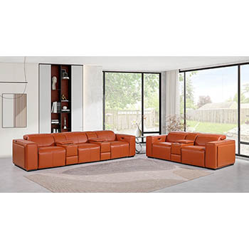 DivanItalia - Global United Furniture 1224, 8-Piece Top Grain Genuine Italian Leather Sofa & Loveseat Set with 5 Power Reclining, Power Headrests and Consoles in Camel color.