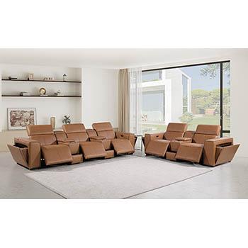 DivanItalia - Global United Furniture 1224, 8-Piece Top Grain Genuine Italian Leather Sofa & Loveseat Set with 5 Power Reclining, Power Headrests and Consoles in Cognac color.