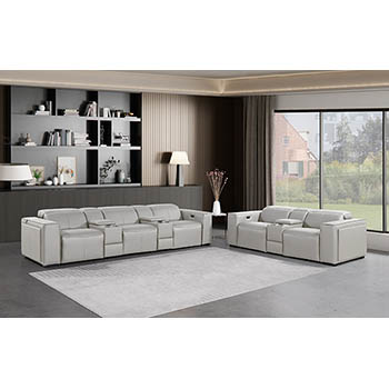 DivanItalia - Global United Furniture 1224, 8-Piece Top Grain Genuine Italian Leather Sofa & Loveseat Set with 5 Power Reclining, Power Headrests and Consoles in Light Grey color.